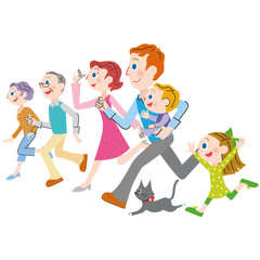 Naklejka premium 横に並んで走る三世代家族