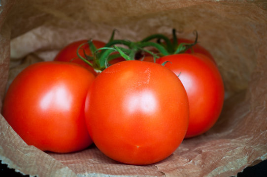 Fresh vine tomatoes, packaged in a brown paper bag and bought from a local farmer's market.