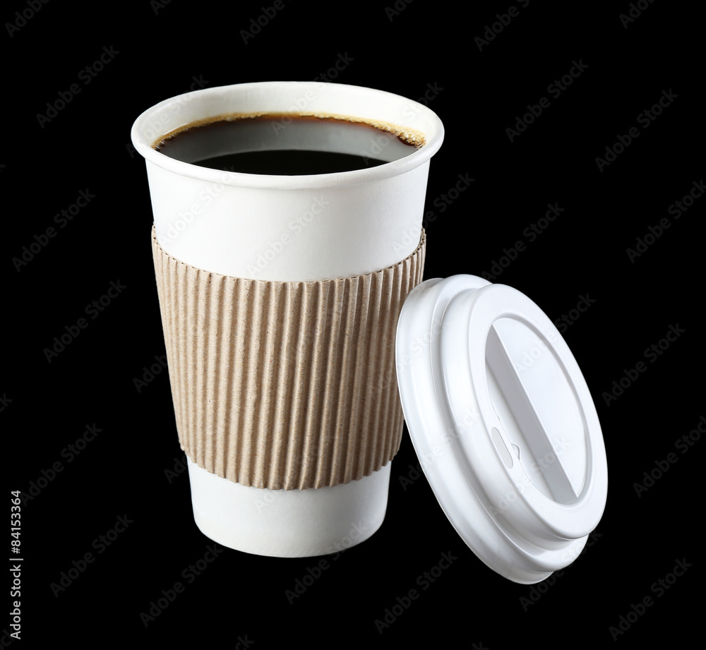 Poster paper cup of coffee on black background