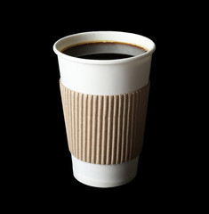 Paper cup of coffee on black background