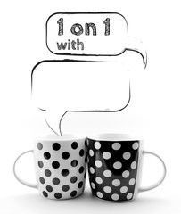Coffee mugs with speech bubbles 1 on 1 text sketchy  isolated