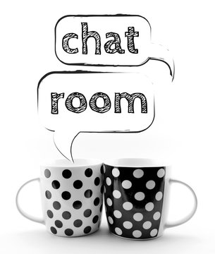 Coffee mugs with speech bubbles Chat room isolated on white