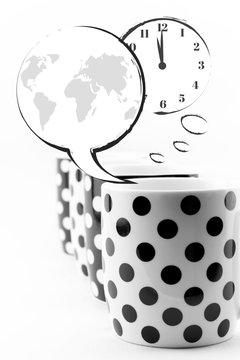 Coffee mugs with speech bubbles and world clock isolated