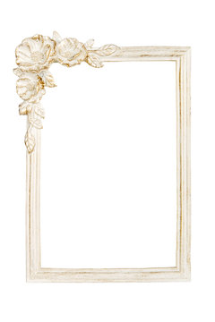 White picture frame with rose decor, clipping path included.