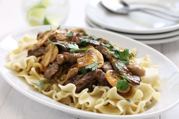beef stroganoff with pasta, russian cuisine
