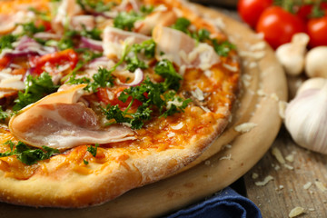 Tasty pizza on table close up