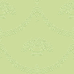 Embossed floral garlands and baskets on green background