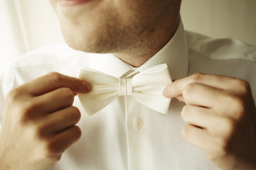 Handsome businessman fixes his bow tie