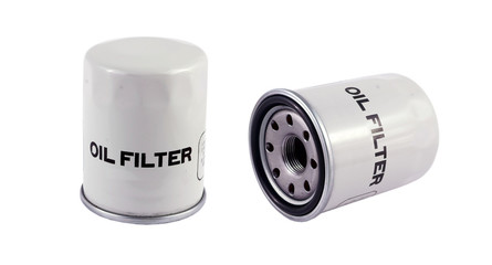 New oil filter car in red steel case. Isolate on white.