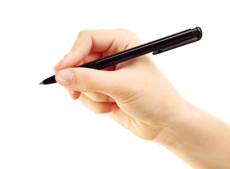 Female hand with pen isolated on white