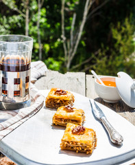 pieces of sweet baklava, garden background, selective focus