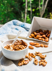 nuts, almonds and walnuts in a white plate on a light background