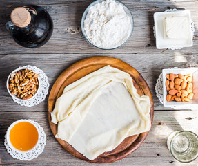 Ingredients for making homemade baklava, phyllo dough