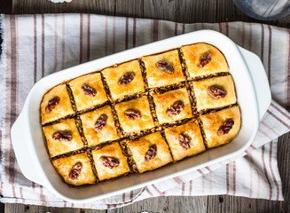 sweet baklava with honey and nuts, rustic, traditional Turkish d