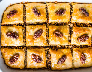 sweet baklava with honey and nuts, rustic, traditional Turkish d