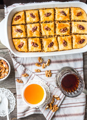 sweet baklava with honey and nuts, rustic, traditional Turkish d