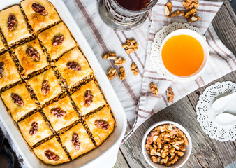 baklava with honey and nuts, rustic, traditional Turkish dessert