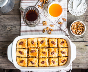 sweet baklava with honey and nuts, rustic, traditional Turkish d