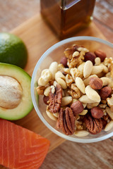 close up of nut mix in glass bowl on table