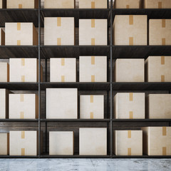 Warehouse shelves with boxes. 3d rendering