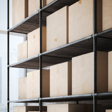 Shelves with cardboard boxes. 3d rendering