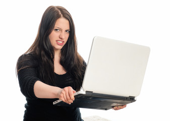 Naklejka premium Genervte Frau hält ein Laptop