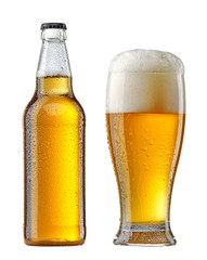 wet beer bottle and glass