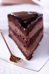 Piece of chocolate cake on white plate, closeup