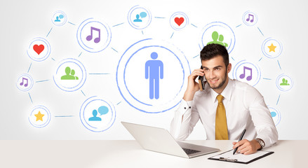 Business man with social media connection background
