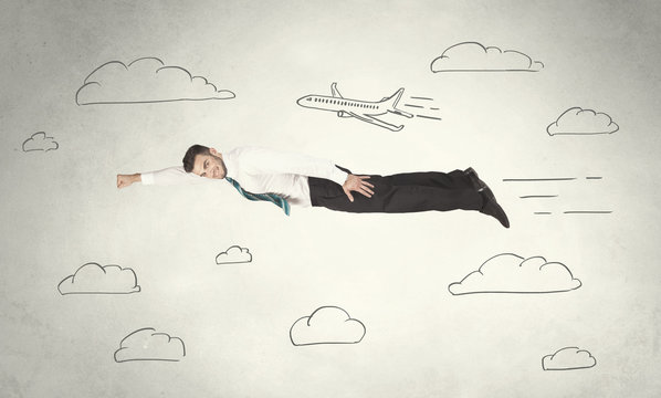 Cheerful business person flying between hand drawn sky clouds