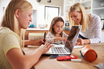 Mother spending time with daughters at home