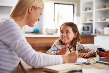 Mother teaching her daughter at home