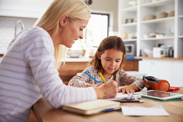 Mother teaching her daughter at home