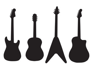 set of acoustic guitars and electric guitars. 