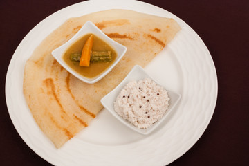 Indian Dosa (Dosai) served with Chutney, Sambar