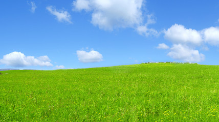 Collina verde all'aperto con nuvole nel cielo blu chiaro