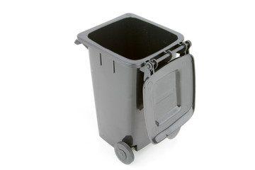 Grey garbage wheelie bin with a closed lid on a white background.