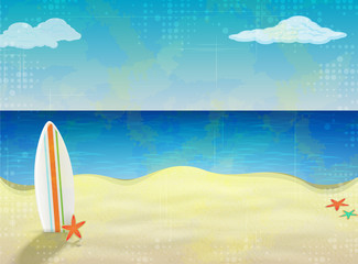 board to surf on a sandy beach - vintage vector background