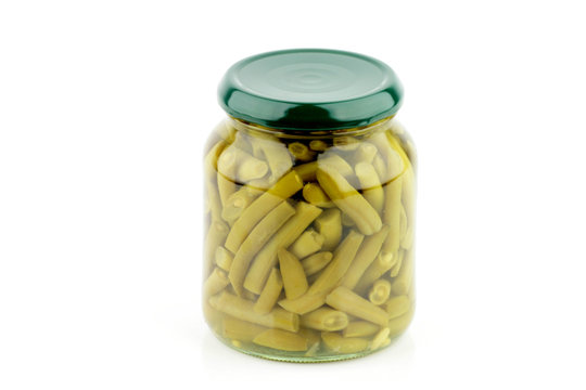 Glass jar of cut green beans (Phaseolus vulgaris)