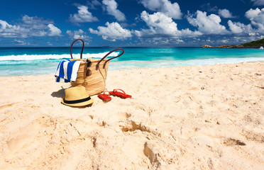 Beautiful beach with bag at Seychelles