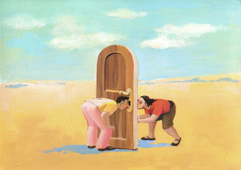 door surreal illustration allegory of relationship and curiosity