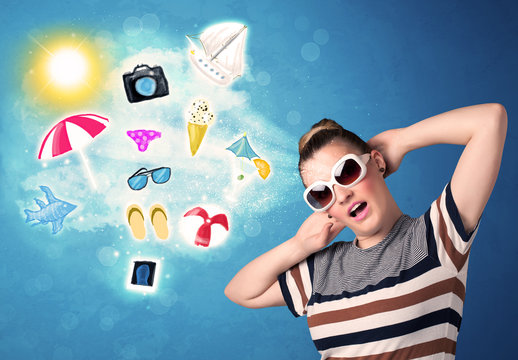 Happy joyful woman with sunglasses looking at summer icons
