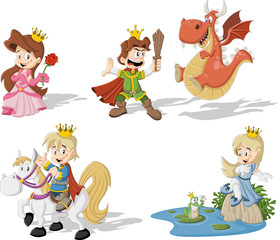 Cartoon princesses and princes with dragon and frog