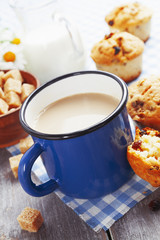 Mug coffee with milk and muffins