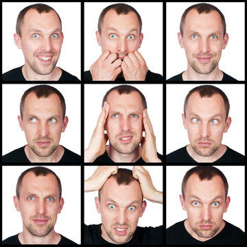 set of emotions of man isolated on white