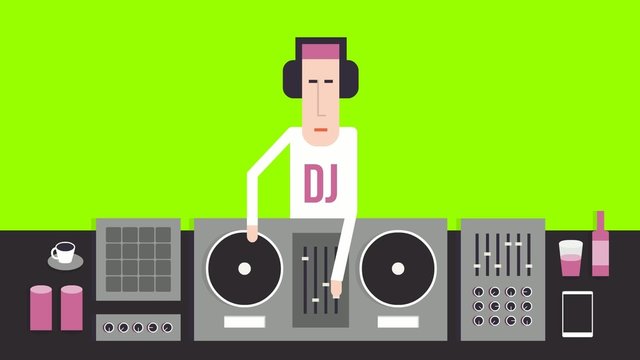 DJ with turntables, dance music, flat design, on a green