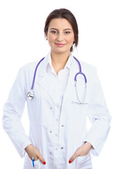 Friendly smiling female doctor, isolated over white background