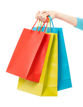 Woman Hand Holding Shopping Bags On White, Clipping Path