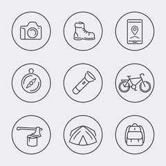 Hiking, Camping line round icons, vector, eps10