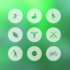 Sport, round icons on blur background, vector, eps10